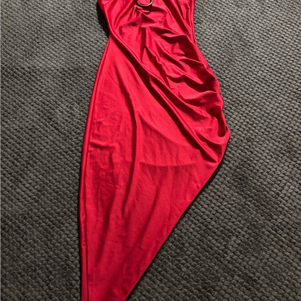 Windsor Red Asymmetrical Ruched Bodycon Midi Dress